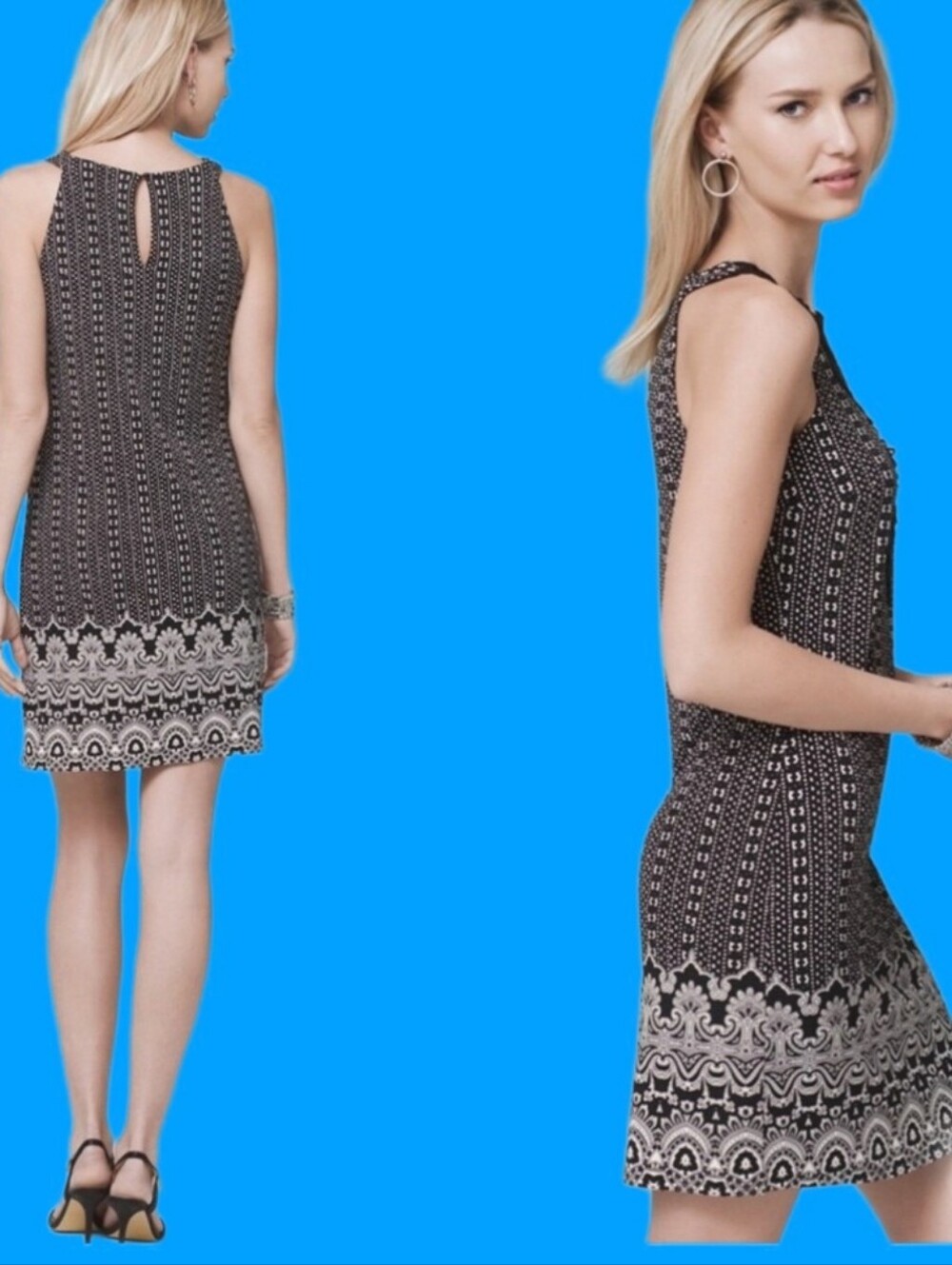 WHBM L Dress Black White Geometric Print With Mosaic Border  Lace Crochet Bib